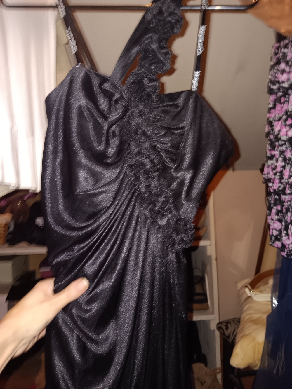Black Ruffled One-Shoulder Evening Dress